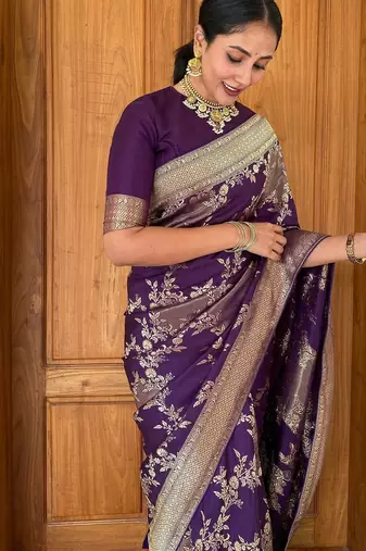 Wine soft silk blend banarasi jacuard work designer party wear saree with unstitched blouse piece