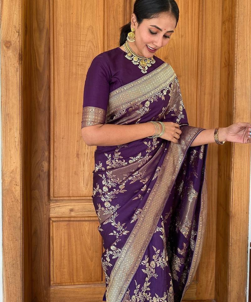 Wine soft silk blend banarasi jacuard work designer party wear saree with unstitched blouse piece