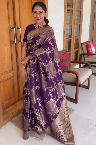 Wine silk blend banarasi saree with unstitched blouse piece