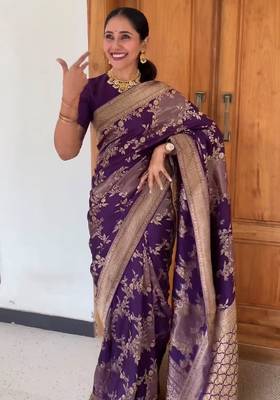 Wine silk blend banarasi saree with unstitched blouse piece 3