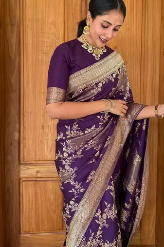 Wine silk blend banarasi saree with unstitched blouse piece