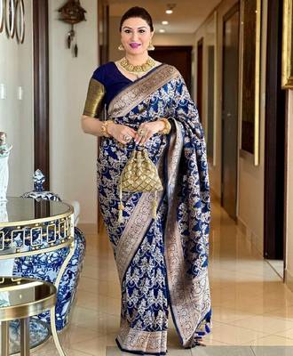 Blue silk blend banarasi saree with unstitched blouse piece 1