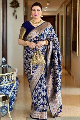 Blue soft silk blend banarasi jacuard work designer party wear saree with unstitched blouse piece