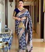 Blue soft silk blend banarasi jacuard work designer party wear saree with unstitched blouse piece