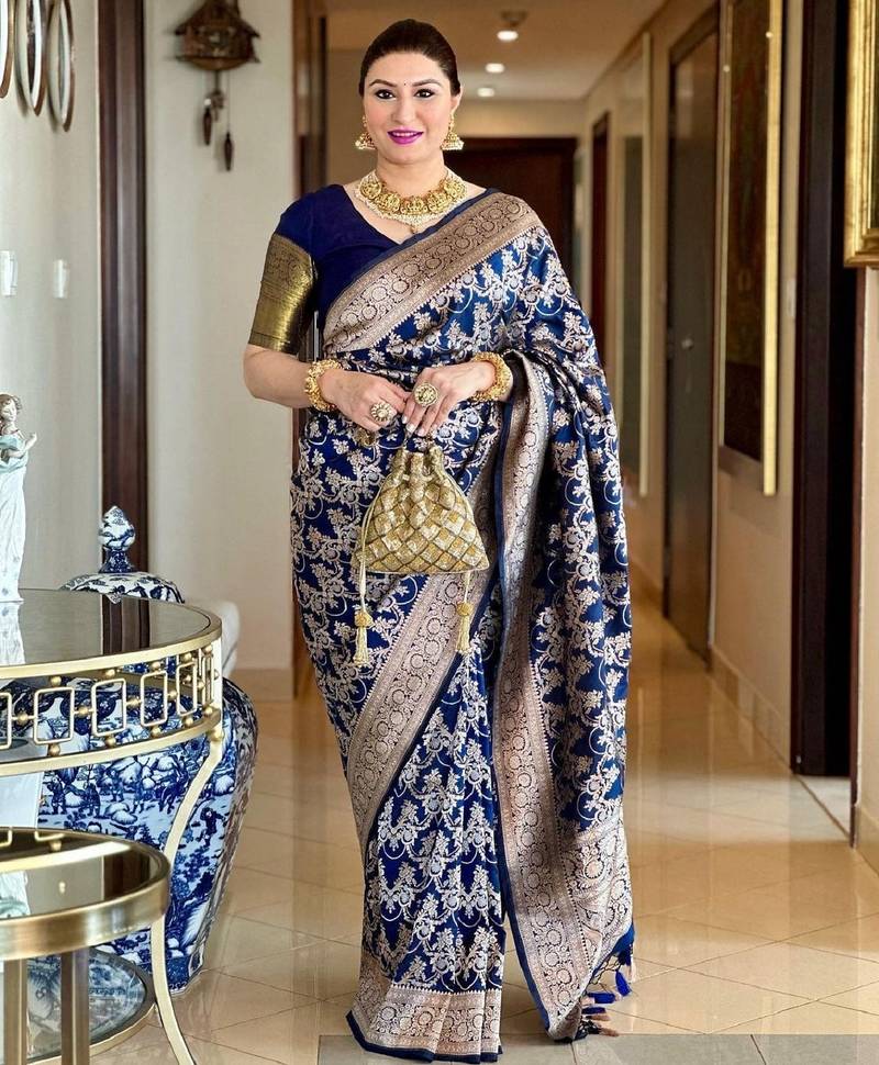 Blue soft silk blend banarasi jacuard work designer party wear saree with unstitched blouse piece