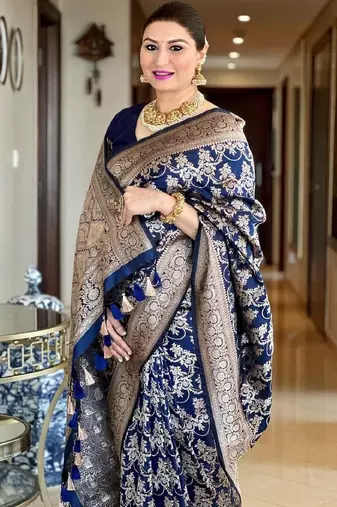 Blue silk blend banarasi saree with unstitched blouse piece