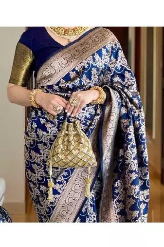 Blue silk blend banarasi saree with unstitched blouse piece