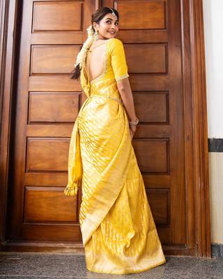 Yellow silk blend banarasi saree with unstitched blouse piece 2