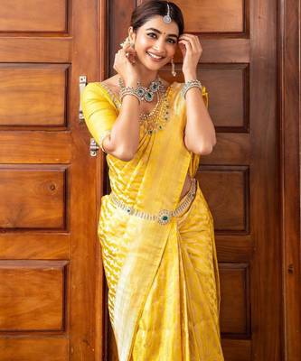 Yellow silk blend banarasi saree with unstitched blouse piece 4