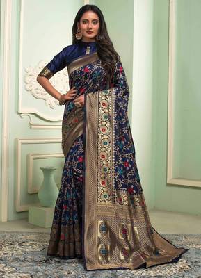 Blue silk blend banarasi saree with unstitched blouse piece 1