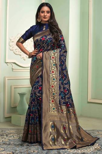 Blue soft silk blend banarasi jacuard work designer party wear saree with unstitched blouse piece