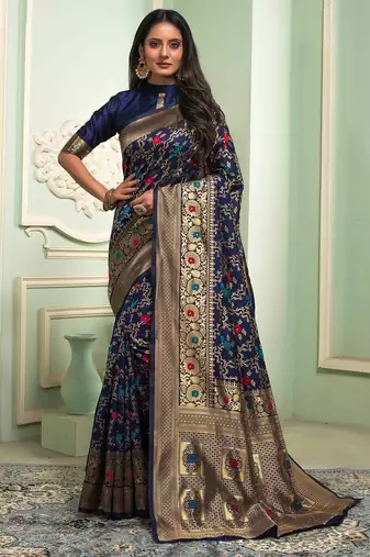 Blue soft silk blend banarasi jacuard work designer party wear saree with unstitched blouse piece