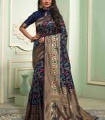 Blue soft silk blend banarasi jacuard work designer party wear saree with unstitched blouse piece