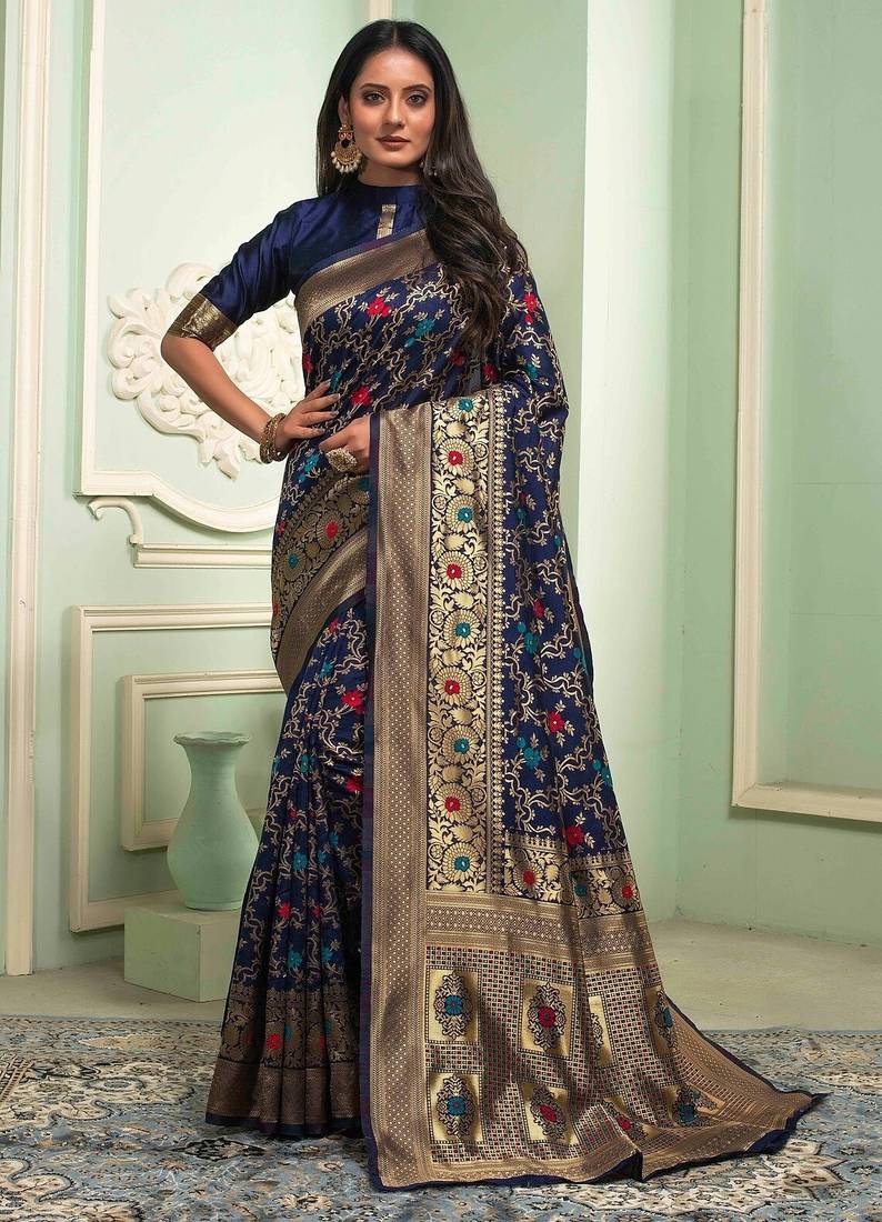 Blue soft silk blend banarasi jacuard work designer party wear saree with unstitched blouse piece