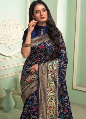 Blue silk blend banarasi saree with unstitched blouse piece 2