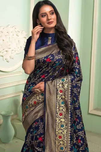 Blue silk blend banarasi saree with unstitched blouse piece