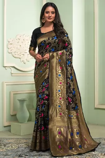 Black soft silk blend banarasi jacuard work designer party wear saree with unstitched blouse piece