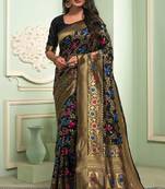 Black soft silk blend banarasi jacuard work designer party wear saree with unstitched blouse piece