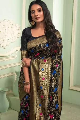 Black silk blend banarasi saree with unstitched blouse piece