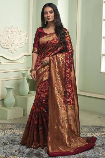 Maroon soft silk blend banarasi jacuard work designer party wear saree with unstitched blouse piece