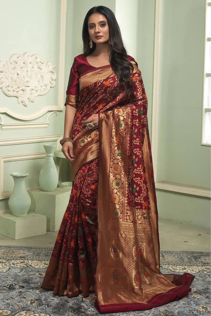 Maroon soft silk blend banarasi jacuard work designer party wear saree with unstitched blouse piece