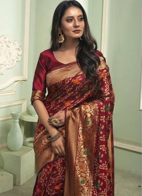 Maroon silk blend banarasi saree with unstitched blouse piece 2