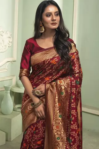 Maroon silk blend banarasi saree with unstitched blouse piece