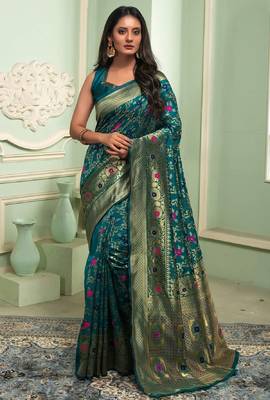 Rama silk blend banarasi saree with unstitched blouse piece 1