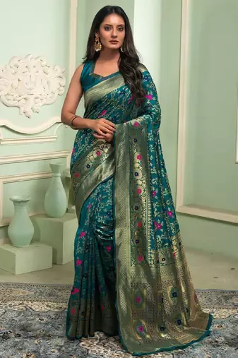 Rama soft silk blend banarasi jacuard work designer party wear saree with unstitched blouse piece