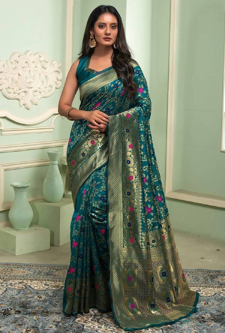 Rama soft silk blend banarasi jacuard work designer party wear saree with unstitched blouse piece