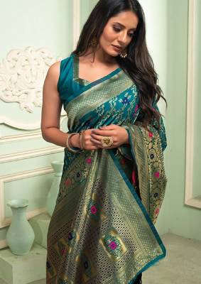Rama silk blend banarasi saree with unstitched blouse piece 2