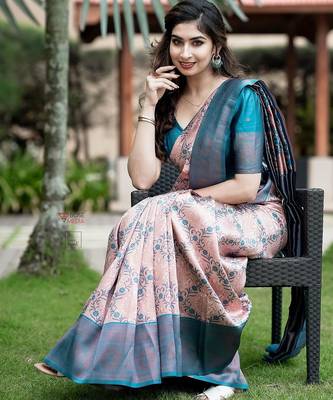 Peach sky blue silk blend banarasi saree with unstitched blouse piece 1