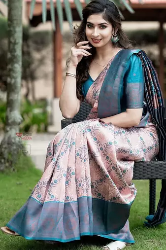 Peach sky blue soft silk blend banarasi jacuard work designer party wear saree with unstitched blouse piece