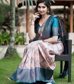 Peach sky blue soft silk blend banarasi jacuard work designer party wear saree with unstitched blouse piece