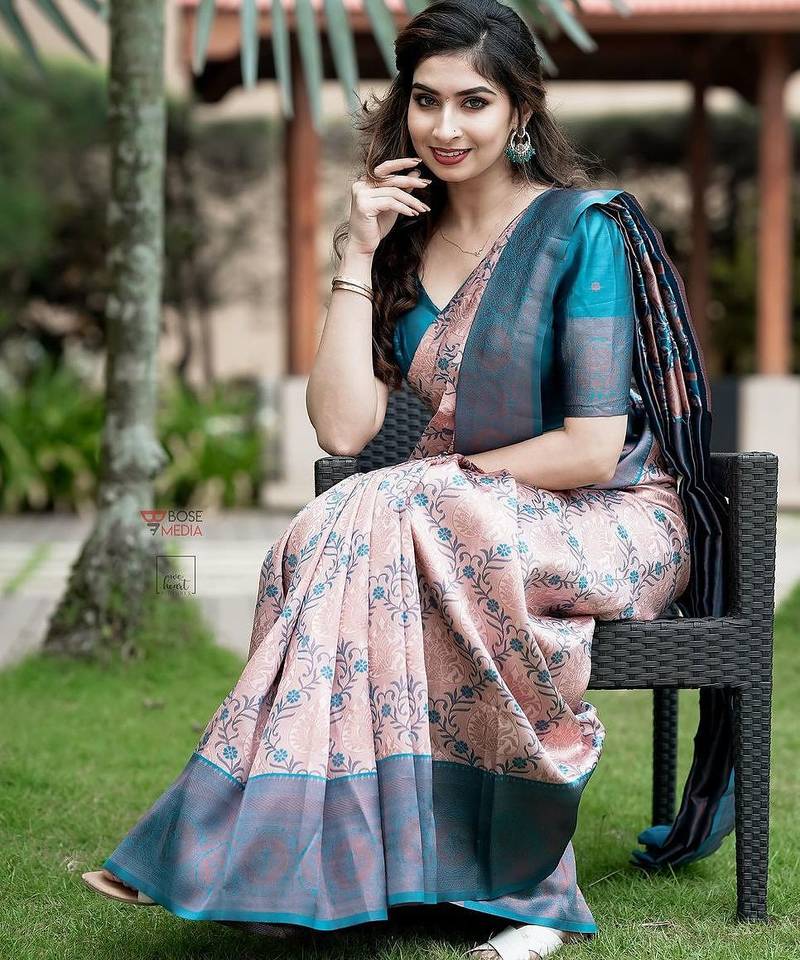Peach sky blue soft silk blend banarasi jacuard work designer party wear saree with unstitched blouse piece