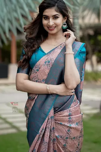 Peach sky blue silk blend banarasi saree with unstitched blouse piece