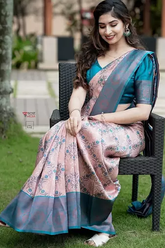 Peach sky blue silk blend banarasi saree with unstitched blouse piece