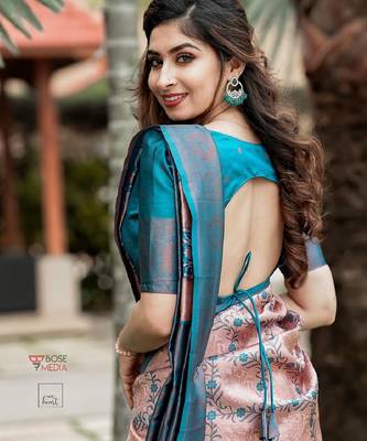 Peach sky blue silk blend banarasi saree with unstitched blouse piece 4