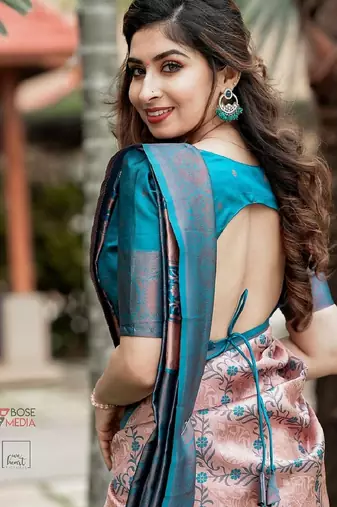 Peach sky blue silk blend banarasi saree with unstitched blouse piece