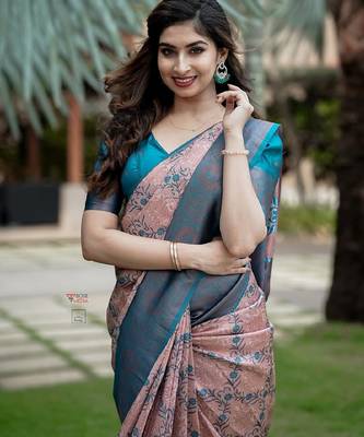 Peach sky blue silk blend banarasi saree with unstitched blouse piece 5