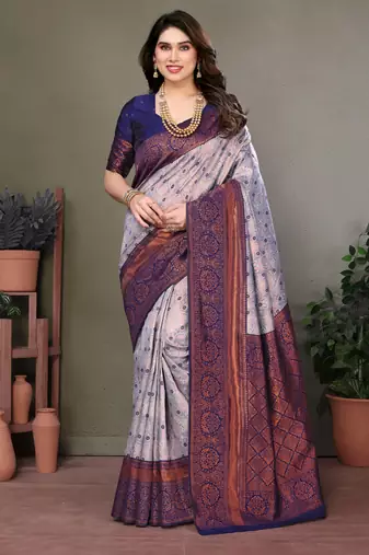 Grey neavy blue soft silk blend banarasi jacuard work designer party wear saree with unstitched blouse piece