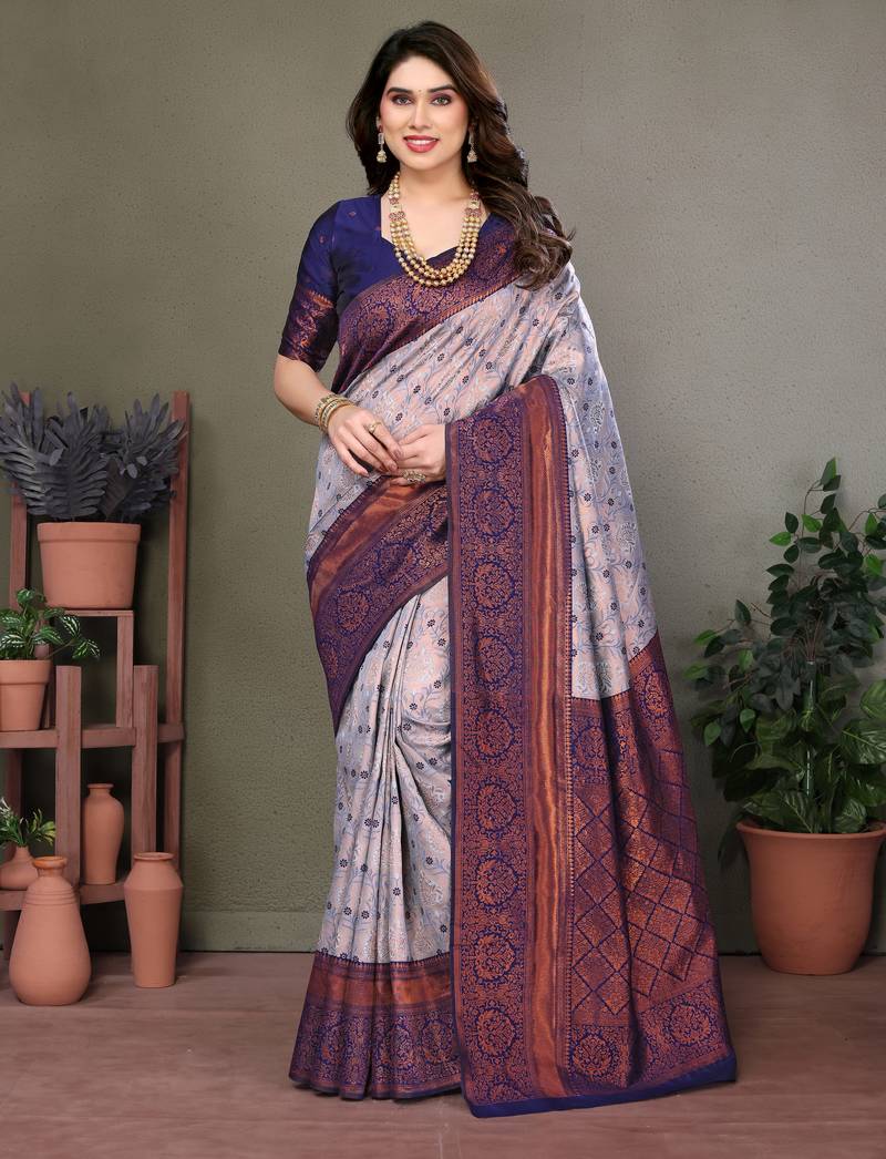 Grey neavy blue soft silk blend banarasi jacuard work designer party wear saree with unstitched blouse piece