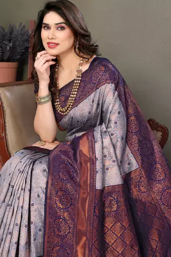 Grey neavy blue silk blend banarasi saree with unstitched blouse piece