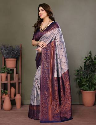 Grey neavy blue silk blend banarasi saree with unstitched blouse piece 3