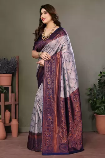 Grey neavy blue silk blend banarasi saree with unstitched blouse piece