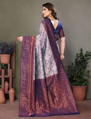 Grey neavy blue silk blend banarasi saree with unstitched blouse piece 4