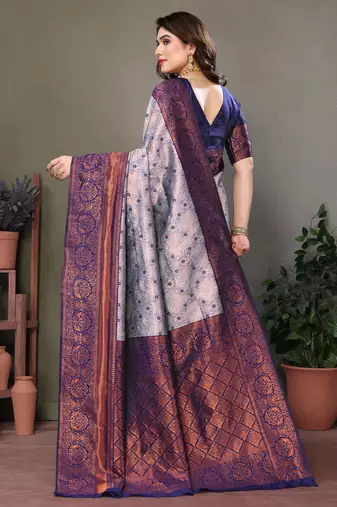 Grey neavy blue silk blend banarasi saree with unstitched blouse piece