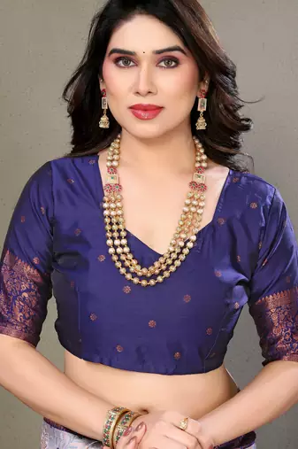 Grey neavy blue silk blend banarasi saree with unstitched blouse piece