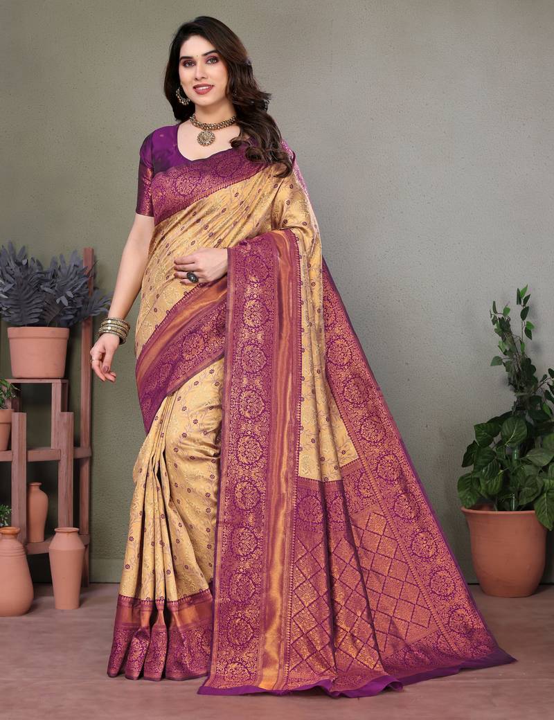Soft silk blend banarasi jacuard work designer party wear saree with unstitched blouse piece