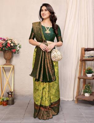 Lemon green silk blend banarasi saree with unstitched blouse piece 1